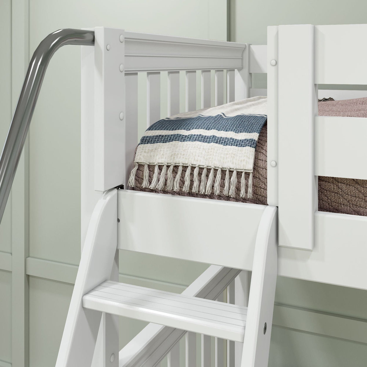 White bunk bed with ladder and striped blanket in modern bedroom setting.