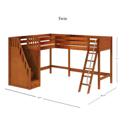 Wooden twin loft bed with ladder and storage stairs, dimensions 122.5x100.75x71 inches, ideal for compact bedrooms.
