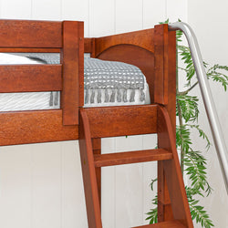 Wooden loft bed with gray and white bedding and ladder in a modern bedroom setting.