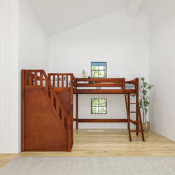 Wooden loft bed with ladder in bright, modern bedroom with white walls and natural light.