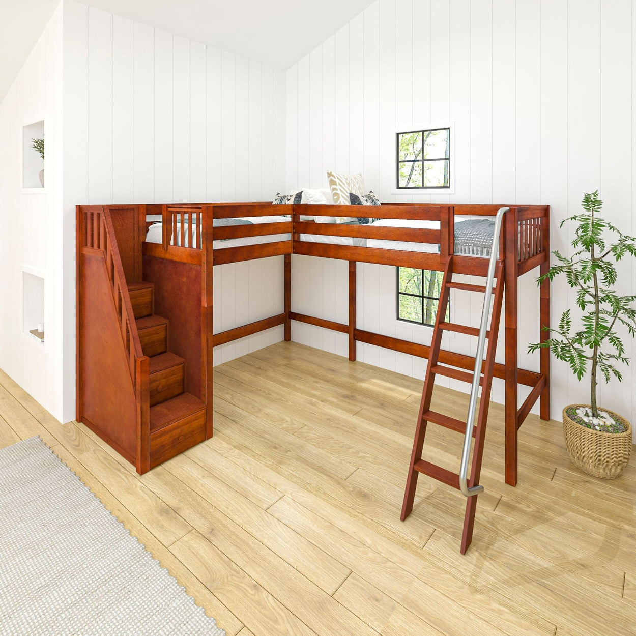 L-shaped wooden loft bed with stairs and ladder in a bright, minimalist room with hardwood flooring and a potted plant.