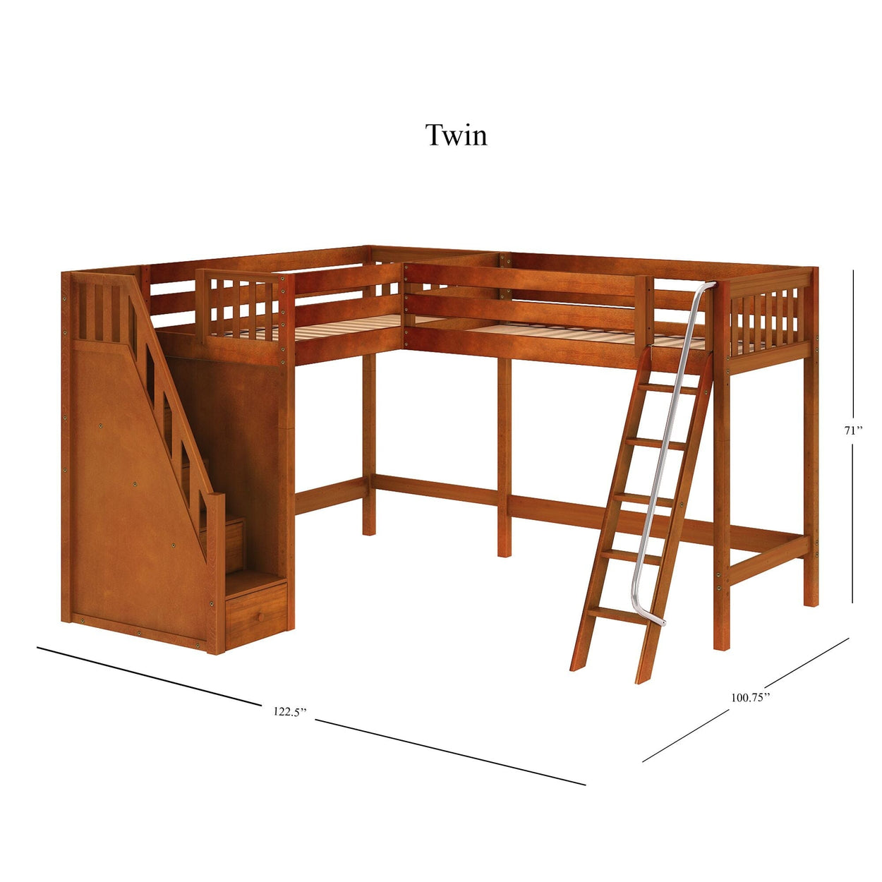 Twin loft bed with ladder and stairs, wooden frame, dimensions 122.5 x 100.75 x 71 inches.