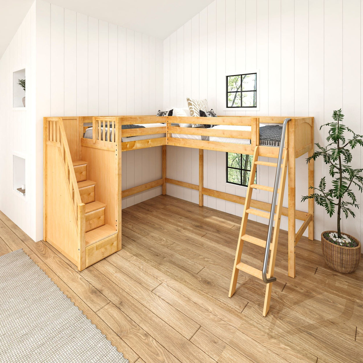 Spacious wooden loft bed with stairs and ladder in a bright modern bedroom, featuring hardwood floors and white panel walls.