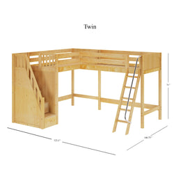 Twin wooden loft bed with stairs and ladder, featuring dimensions 122.5 inches by 100.75 inches by 71 inches, ideal for optimizing bedroom space.