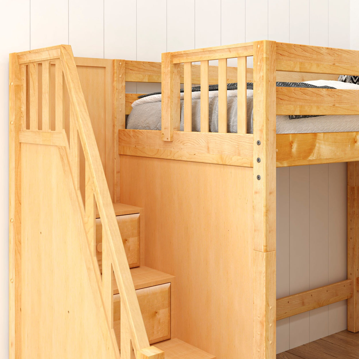 Wooden loft bed with integrated staircase and storage solution.