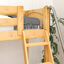 Wooden bunk bed with a cozy black and white plaid blanket, showcasing a sturdy ladder and indoor plant in a minimalist bedroom.
