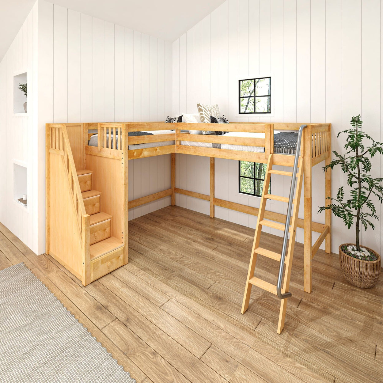 Wooden L-shaped loft bed with stairs and slide in modern minimalist bedroom.