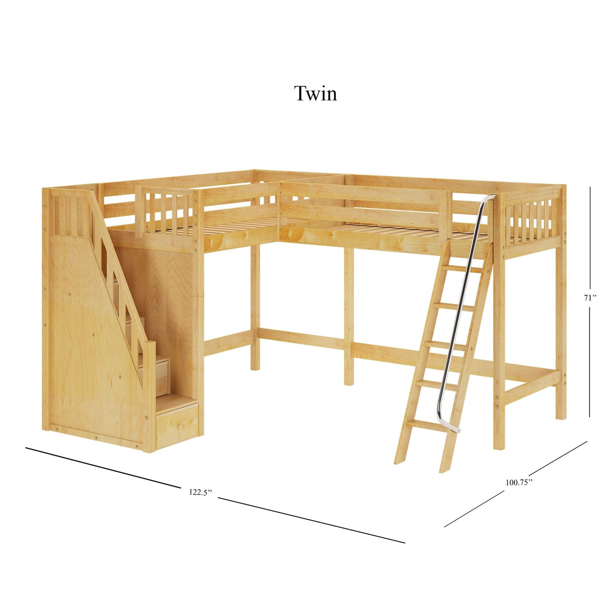 Twin size wooden loft bed with built-in stairs and ladder, ideal for maximizing space in kids' rooms.