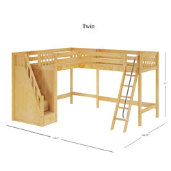 Twin size wooden loft bed with built-in stairs and ladder, ideal for maximizing space in kids' rooms.