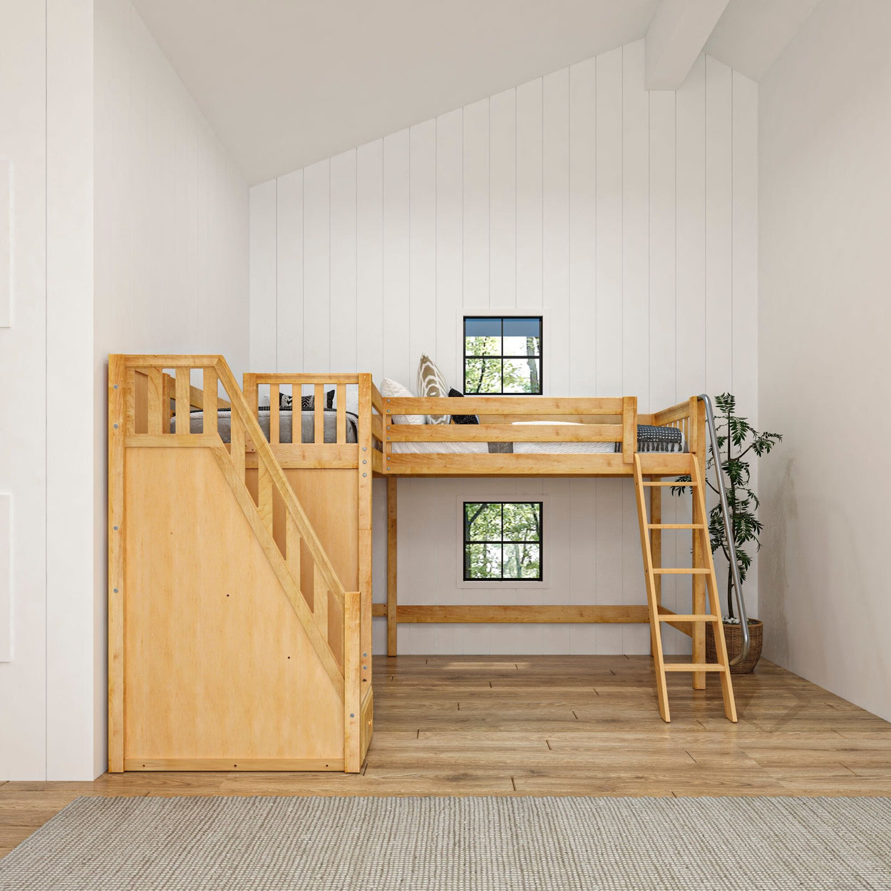 Loft bed with wooden stairs and ladder in a modern minimalist bedroom.