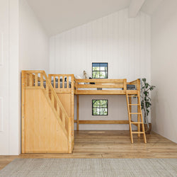 Loft bed with wooden stairs and ladder in a modern minimalist bedroom.