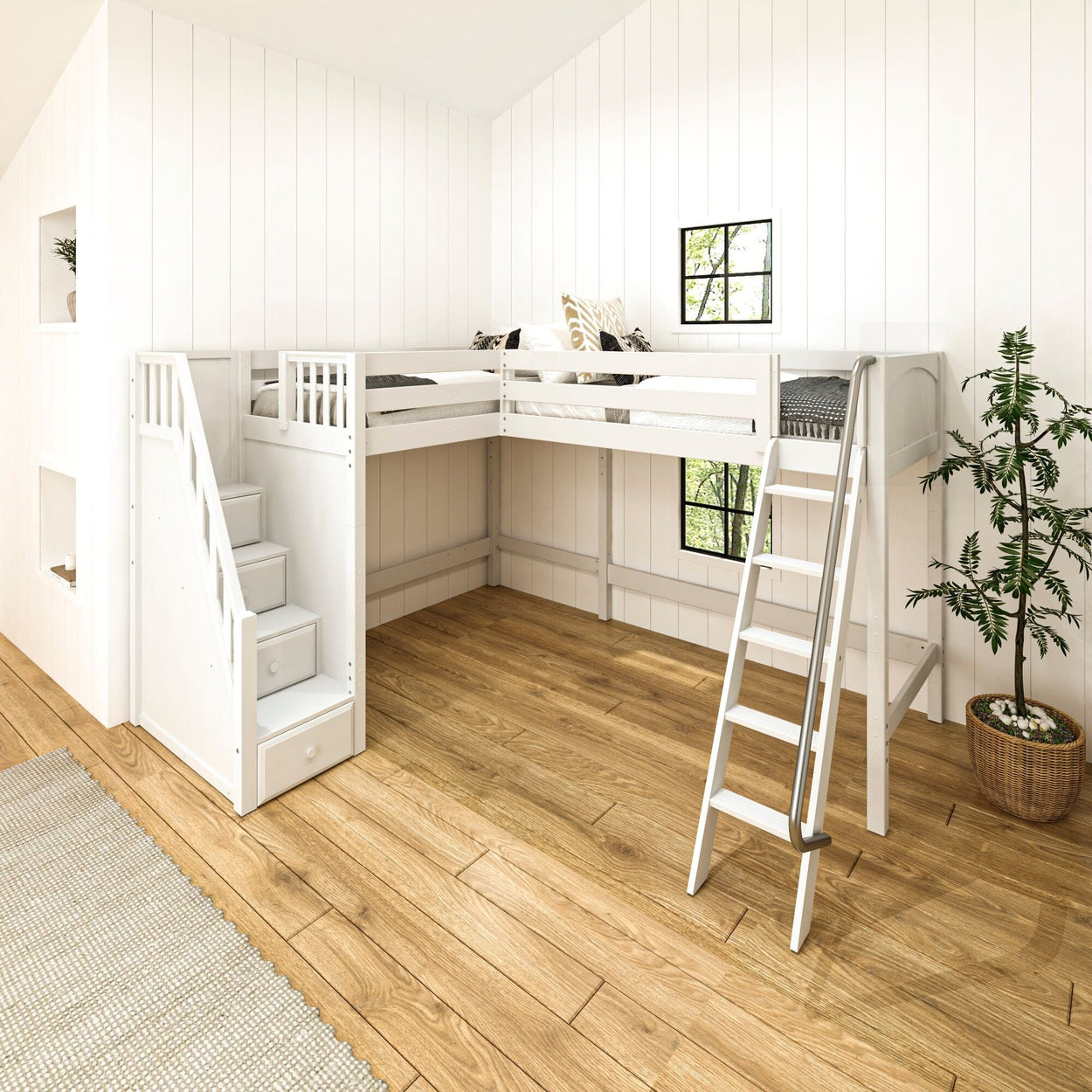 White L-shaped loft bed with ladder and stairs in modern minimalist bedroom featuring wooden flooring and potted plant decor.