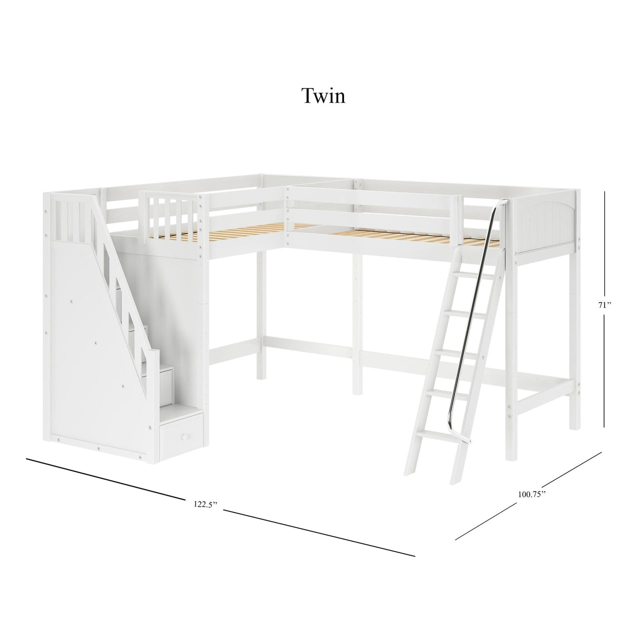 Twin L-shaped loft bed with stairs and ladder in white finish, dimensions 122.5" x 100.75" x 71", ideal for maximizing space in kids' rooms.