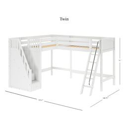 Twin L-shaped loft bed with stairs and ladder in white finish, dimensions 122.5" x 100.75" x 71", ideal for maximizing space in kids' rooms.