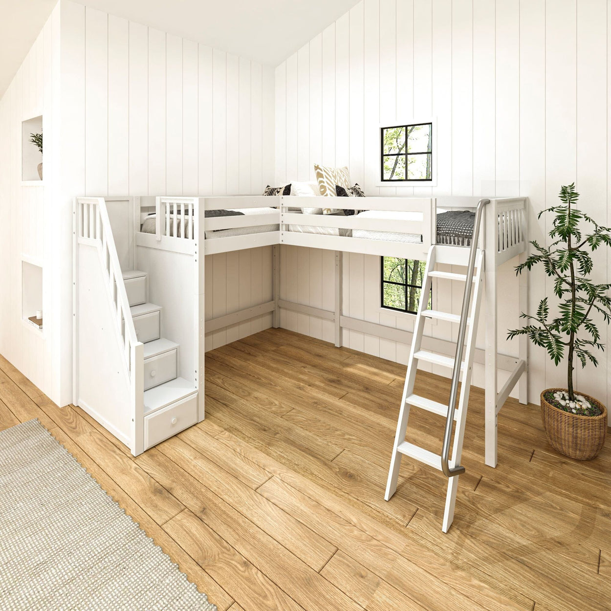 White corner loft bed with stairs and ladder in a modern bedroom with wood flooring and white paneled walls.