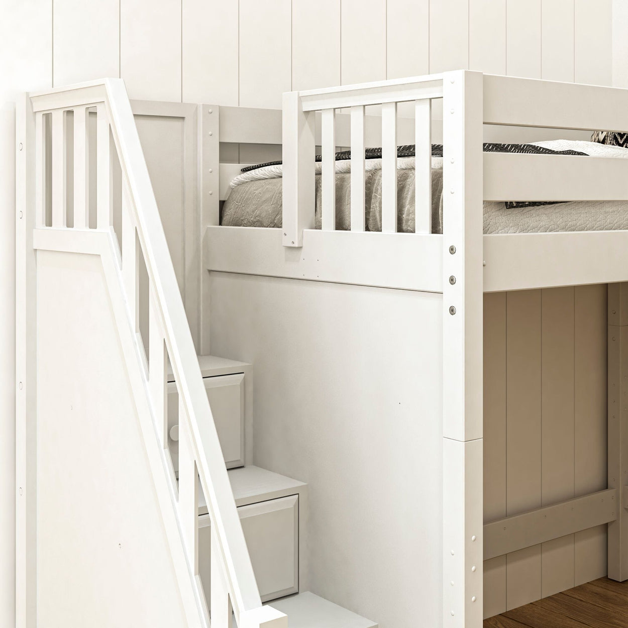 White wooden loft bed with built-in storage stairs in a modern bedroom.