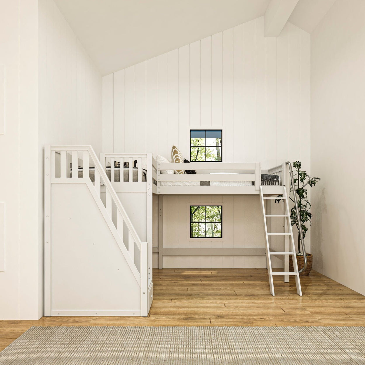 Modern white loft bed with stairs in minimalist bedroom featuring wooden floor and decorative plants.