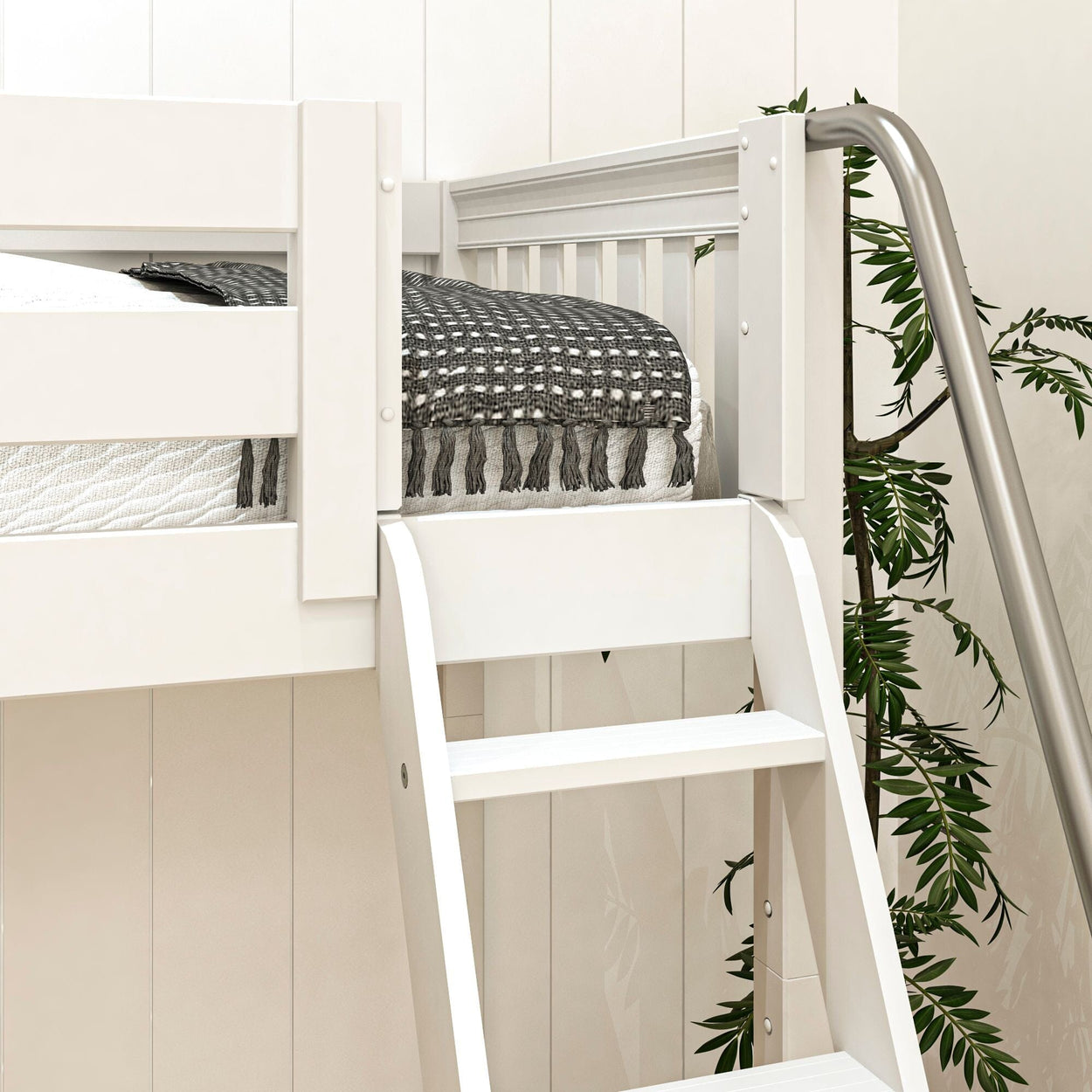 White loft bed with ladder and decorative blanket in modern bedroom setting.