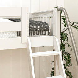 White loft bed with ladder and decorative blanket in modern bedroom setting.
