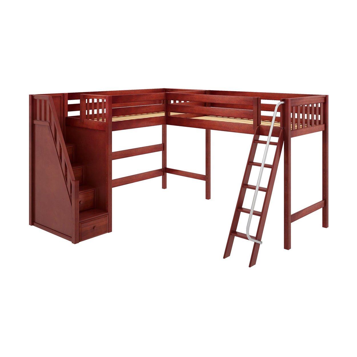 L-shaped wooden loft bed with stairs and ladder for kids' room decor.