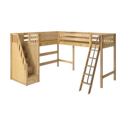 Wooden loft bed with stairs and ladder, ideal for maximizing space in a child’s bedroom.