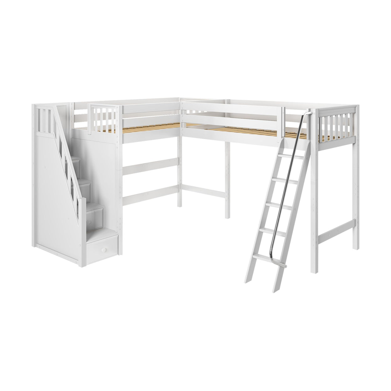 White L-shaped loft bed with stairs and ladder, space-saving children's furniture.