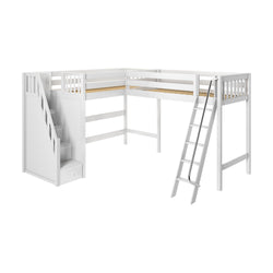 White L-shaped loft bed with stairs and ladder, space-saving children's furniture.