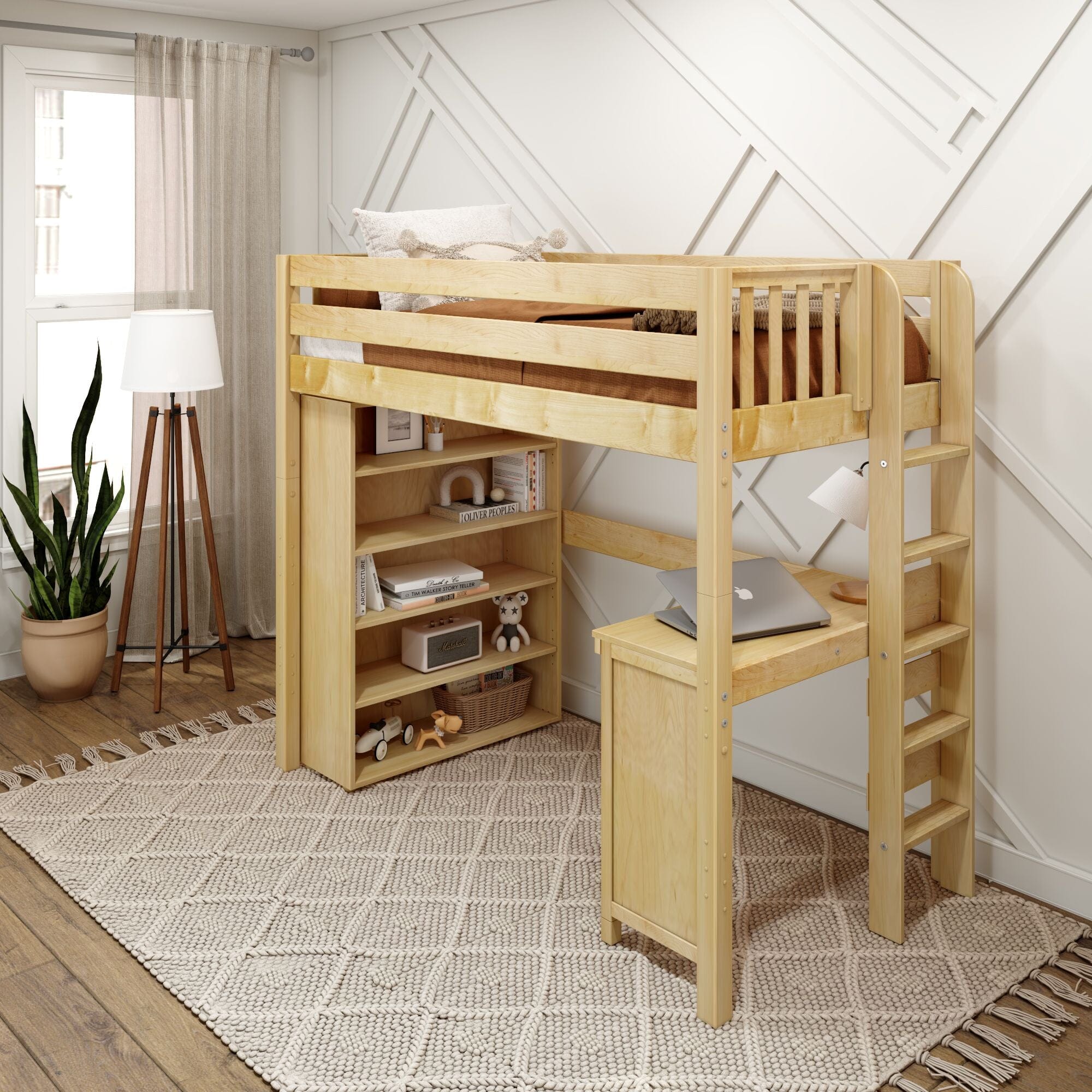 Wooden bedroom furniture set featuring a single bed, nightstand, and dresser with neutral bedding in a cozy, light-filled room.