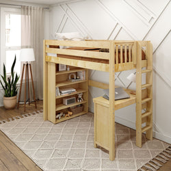 Wooden loft bed with ladder, built-in desk, and shelving in a modern bedroom with a geometric accent wall and cozy decor.