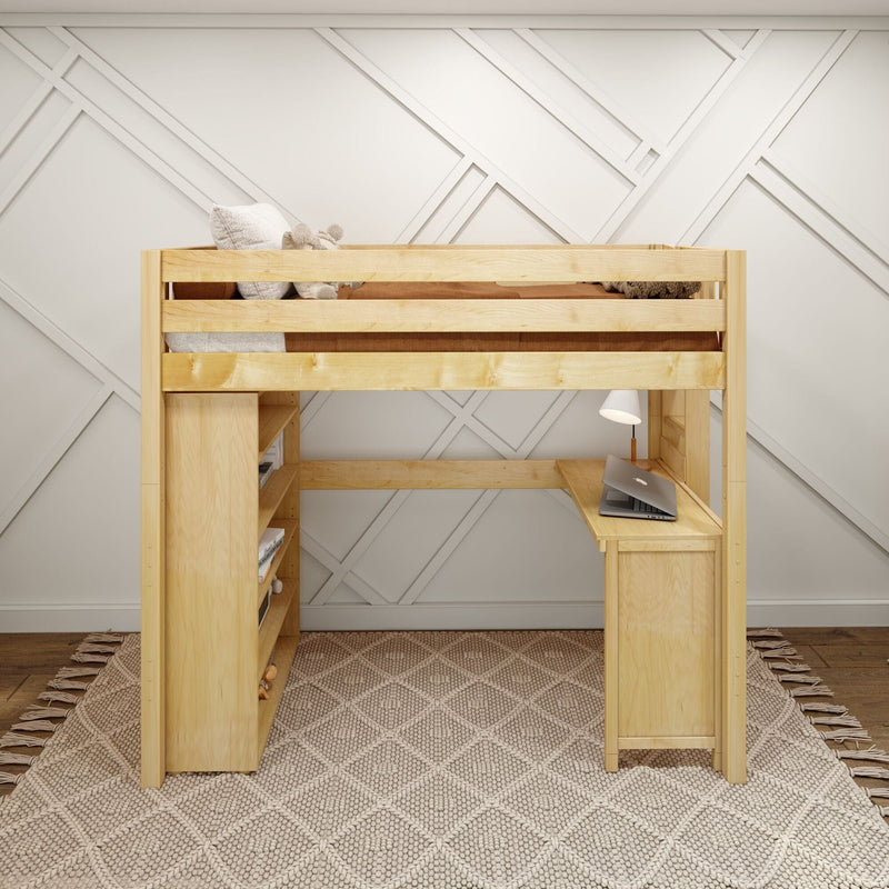 Wooden loft bed with built-in desk and shelving, neutral pillows and laptop on workspace, textured beige rug and geometric accent wall