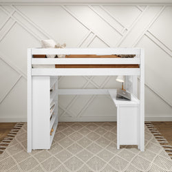 White loft bed with built-in desk and storage shelves in modern bedroom design.