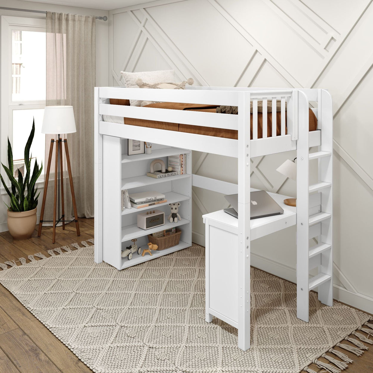 Loft bed with desk and shelves in modern bedroom with white walls, wooden floor, and indoor plant.