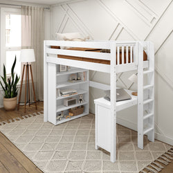 Loft bed with desk and shelves in modern bedroom with white walls, wooden floor, and indoor plant.