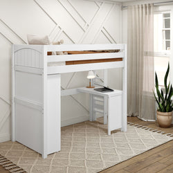 White loft bed with desk and laptop in a cozy, modern bedroom with a large window, neutral decor, and a plant in the corner.