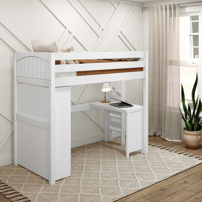 SLAM2 WP : Storage & Study Loft Beds Twin High Loft Bed with Straight Ladder on end, Storage + Desk, Panel, White