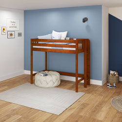 Wooden loft bed with ladder in a modern blue and white children’s room, featuring soft bedding and cozy decor.