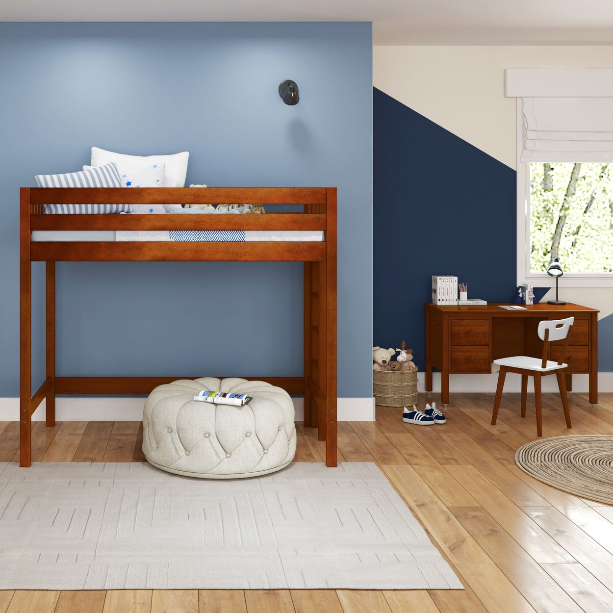 Modern children's bedroom with wooden loft bed, desk, and blue accent walls.