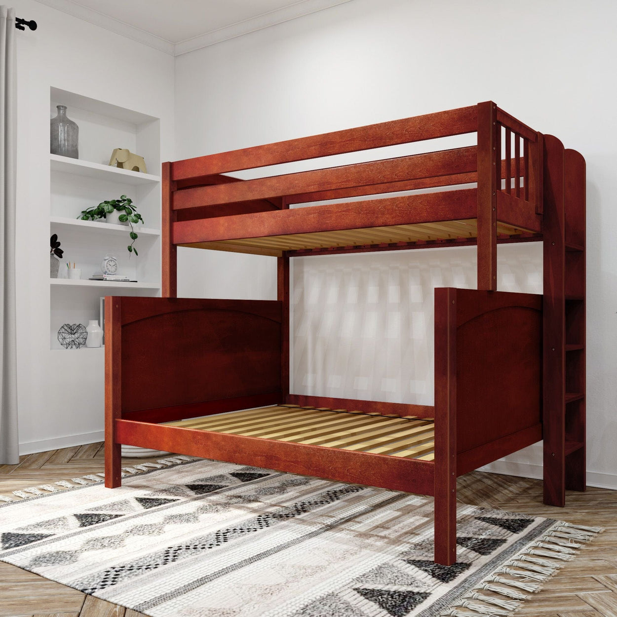 Wooden bunk bed with a classic design in a modern bedroom setting.