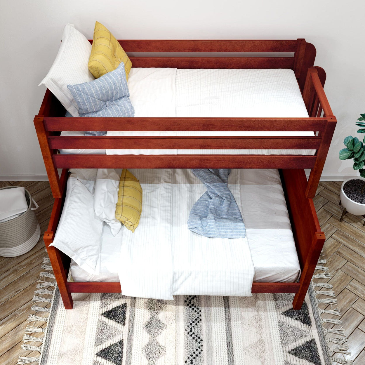 Wooden bunk bed with white linens and colorful pillows in modern bedroom setting.