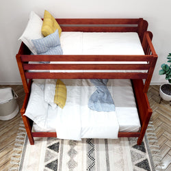 Wooden bunk bed with white linens and colorful pillows in modern bedroom setting.