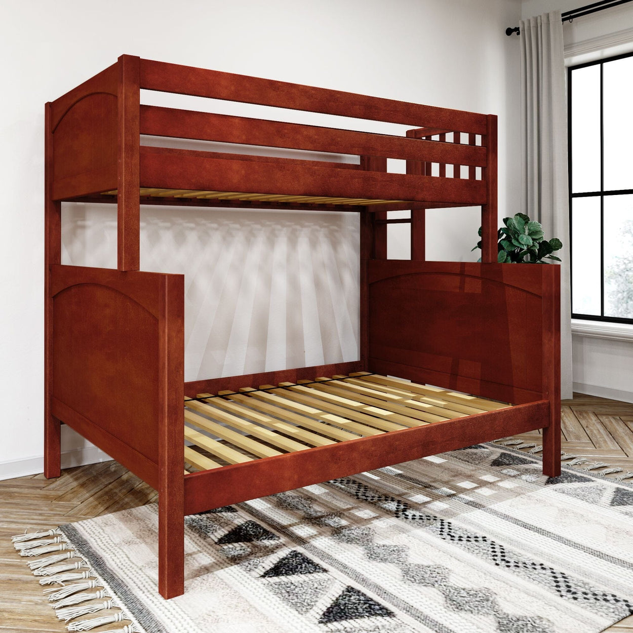Wooden bunk bed frame in a modern bedroom with natural light and plant decor.