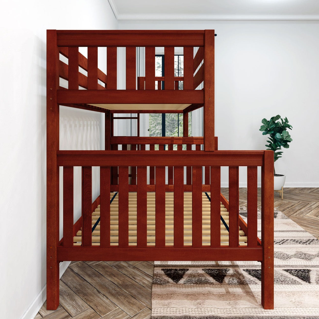 Wooden triple bunk bed with clean lines in a modern bedroom setting, ideal for maximizing space and accommodating multiple sleepers.