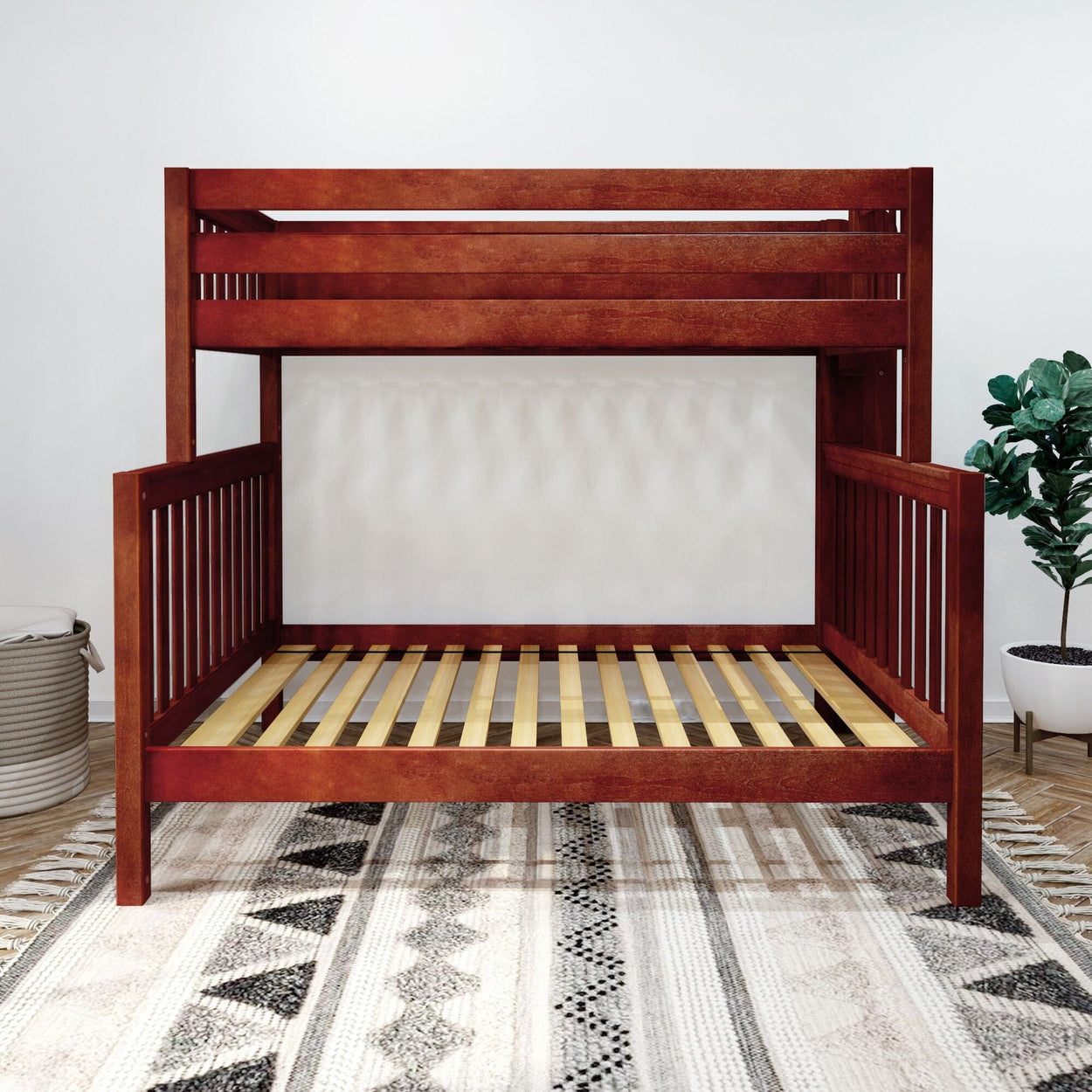 Wooden bunk bed frame with a modern design on a patterned area rug in a cozy bedroom.