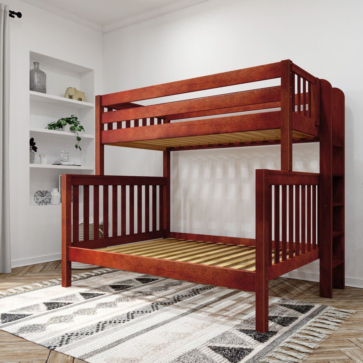Wooden bunk bed frame in modern bedroom setting with decorative shelves and patterned rug.