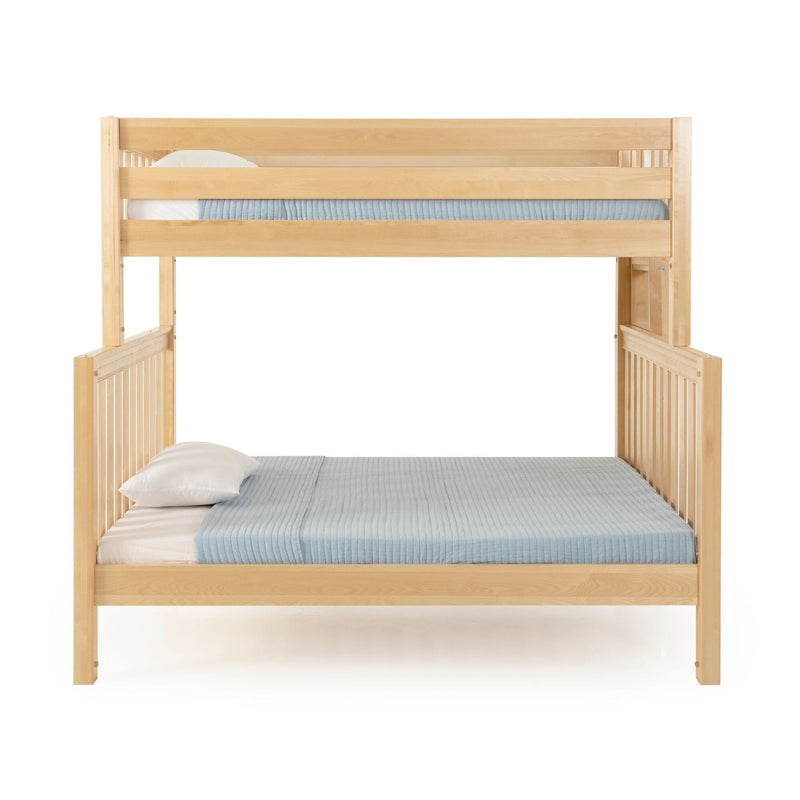 Light natural wood bunk loft bed with top guardrail and lower bed, blue quilt and white pillows, solid wood children's bedroom furniture