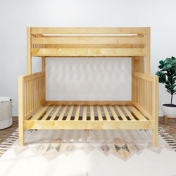 Wooden bunk bed frame with slatted design in a modern bedroom setting.