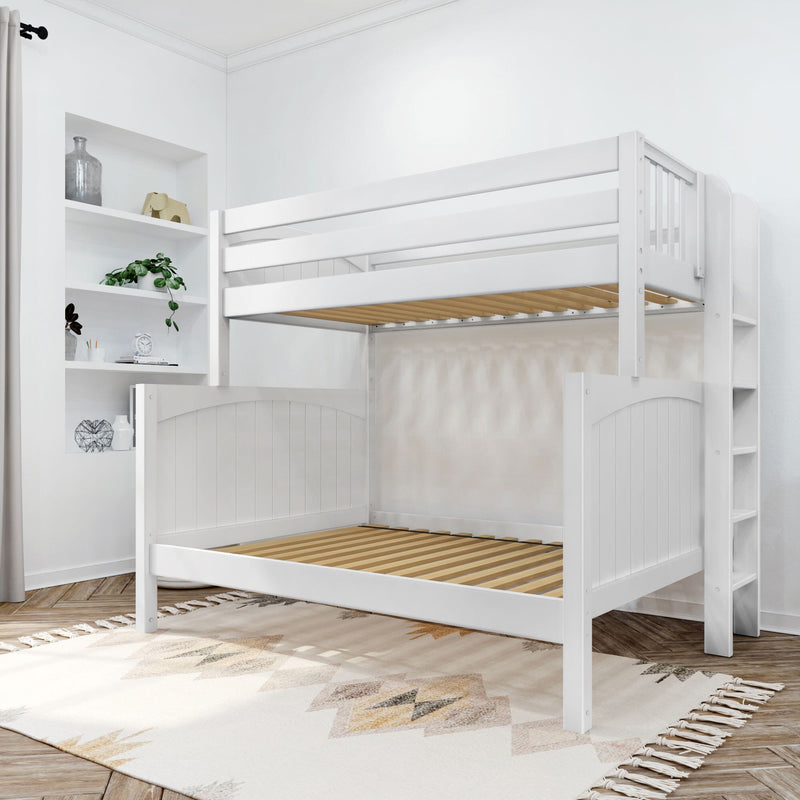 White wooden loft bunk bed with built-in shelving and ladder in a bright modern space-saving kids' bedroom