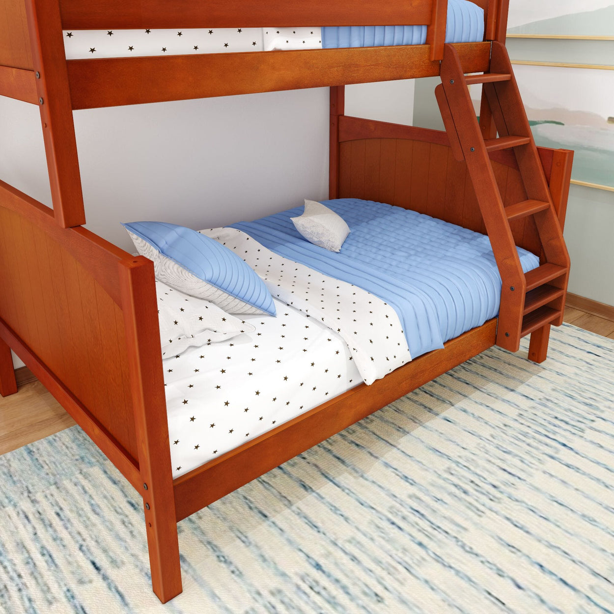 Wooden bunk bed with blue and white bedding in a cozy bedroom setting.
