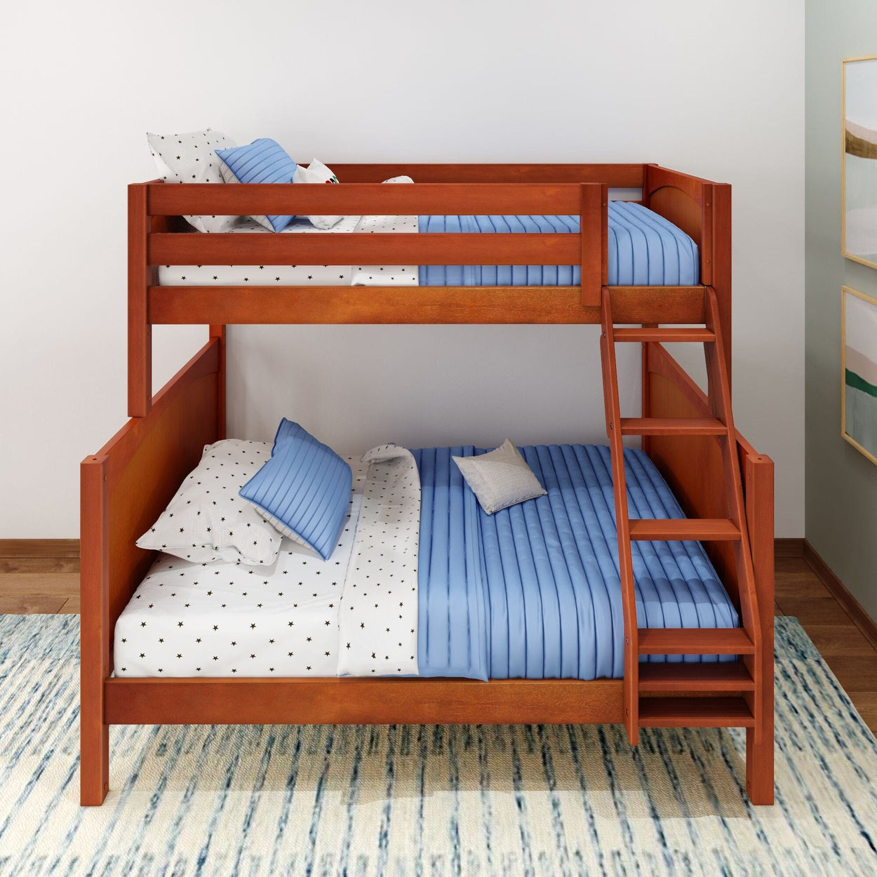 Wooden bunk bed with blue and white bedding on a striped rug in a modern bedroom setting.