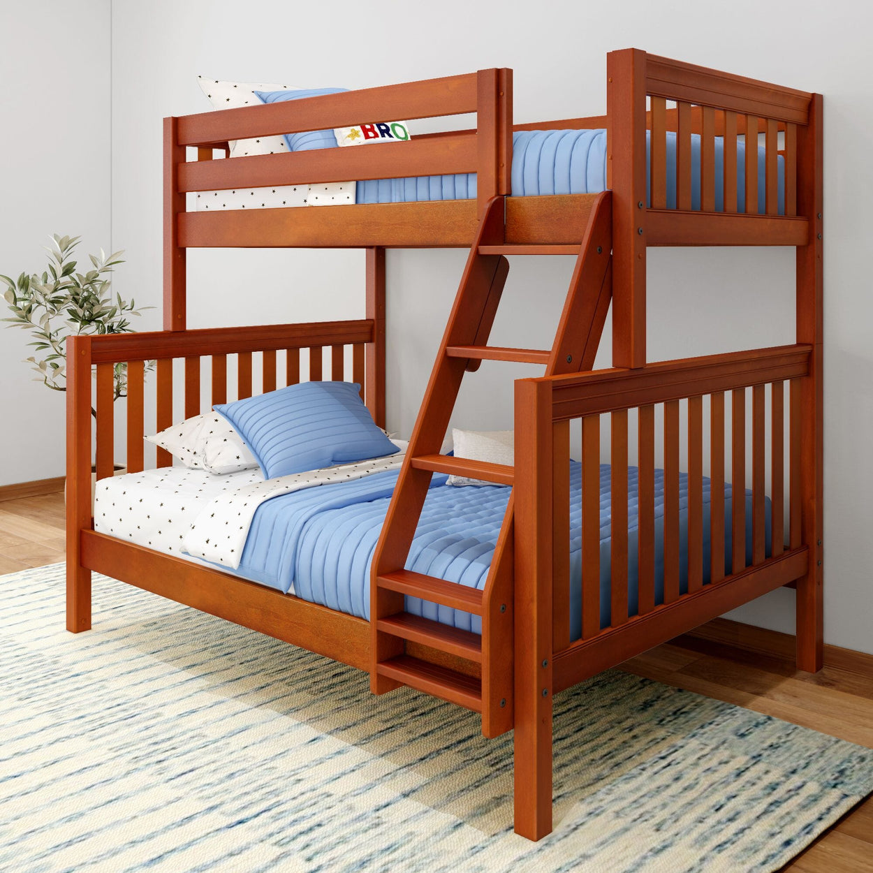 Wooden bunk bed with blue bedding in a modern bedroom.